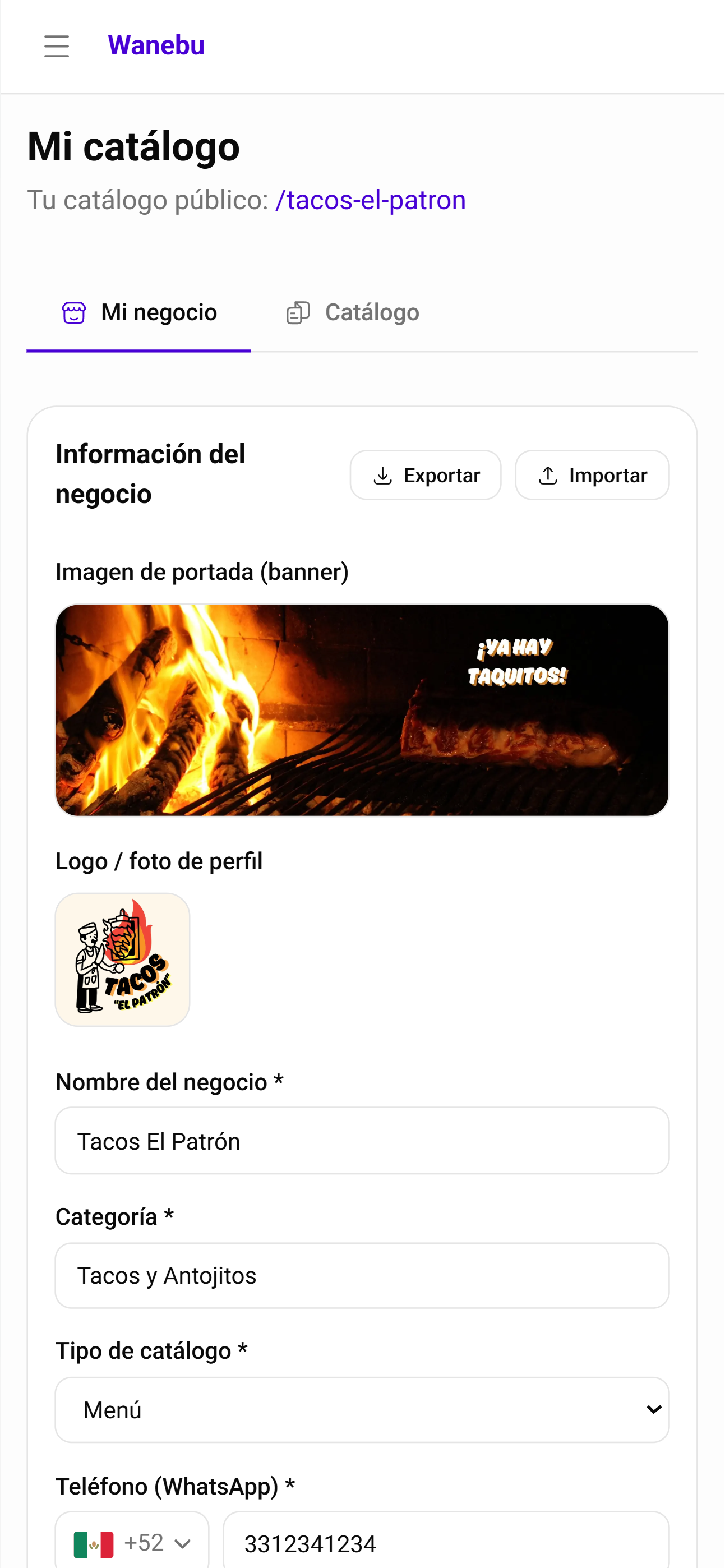 Panel de ajustes generales del catálogo